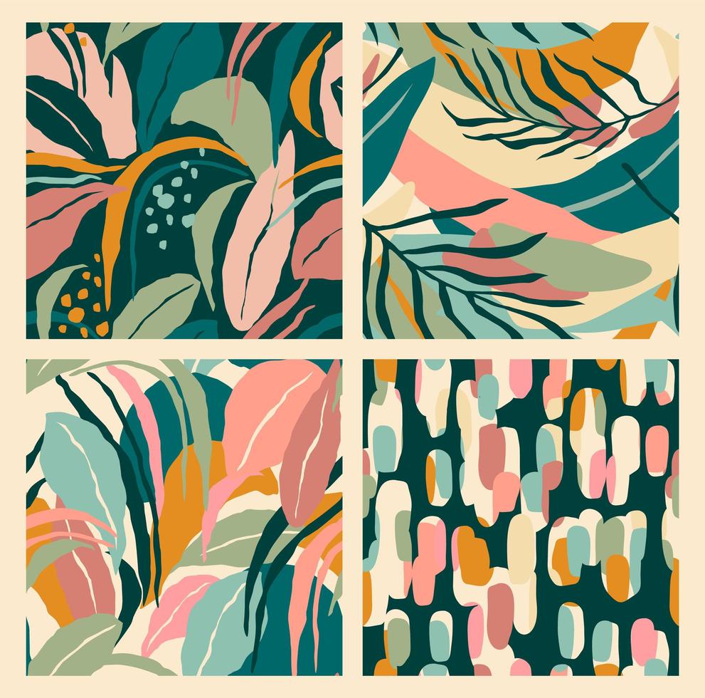 Abstract collection of seamless patterns with leaves and geometric shapes. vector