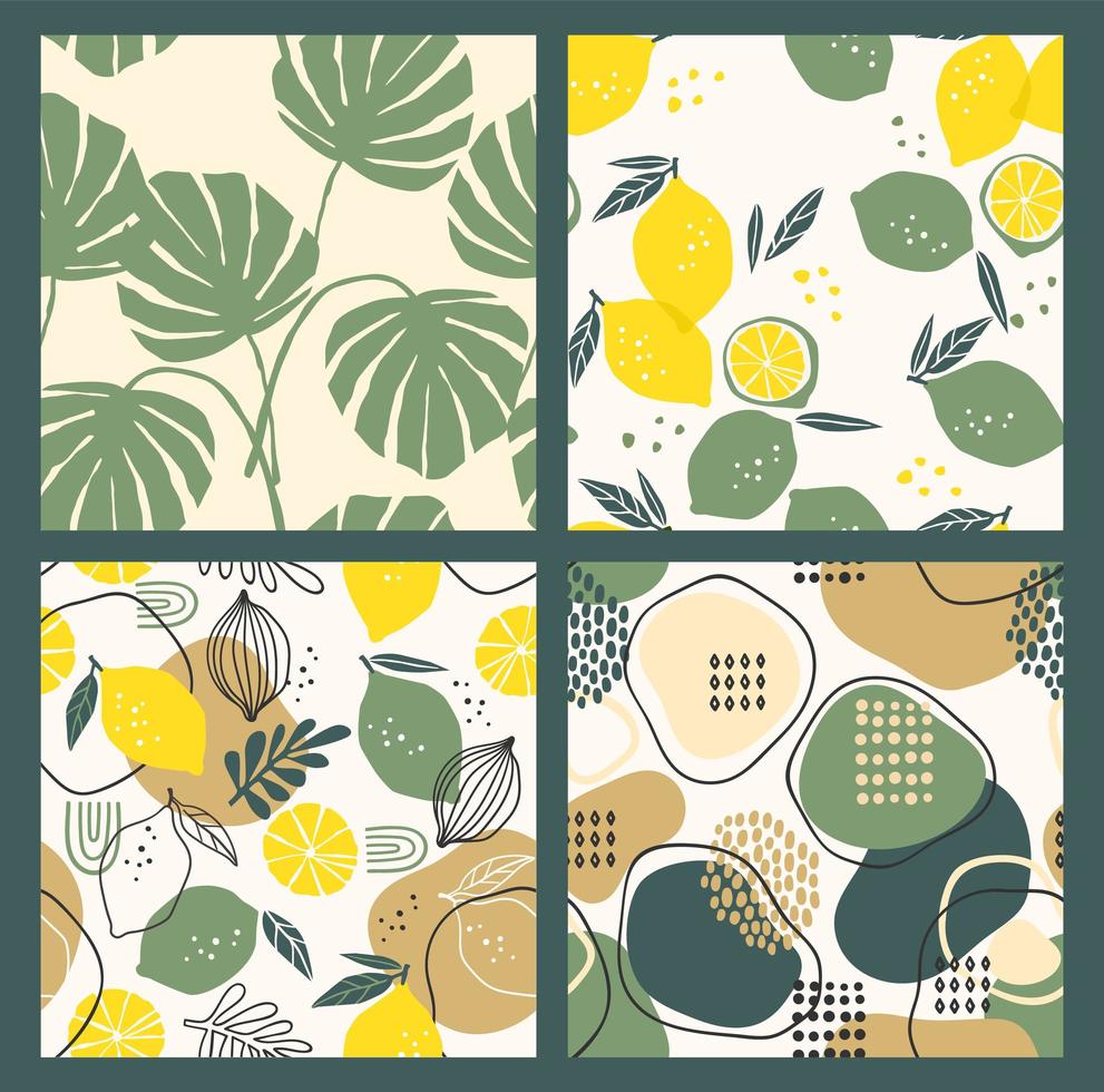 Abstract collection of seamless patterns with lemons, leaves and geometric shapes. Modern design vector