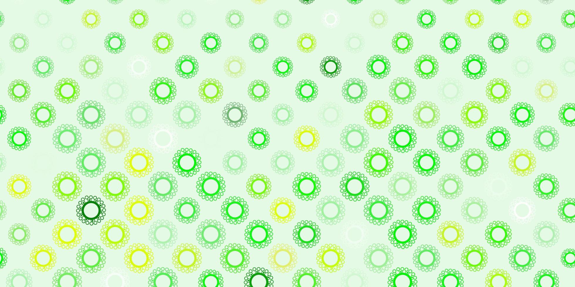 patrón de vector verde claro, amarillo con elementos de coronavirus.