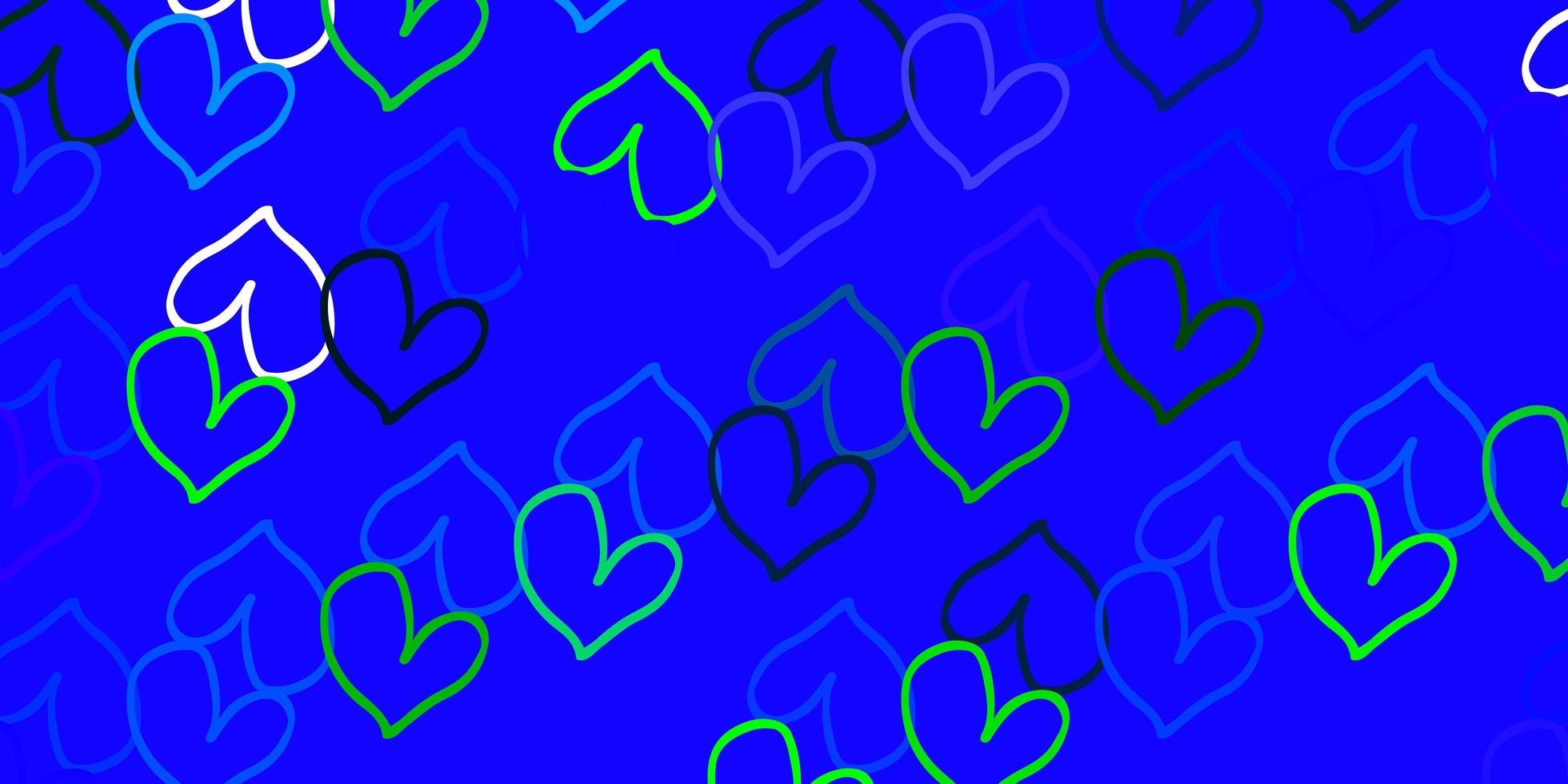 Fondo de vector azul claro, verde con corazones brillantes.