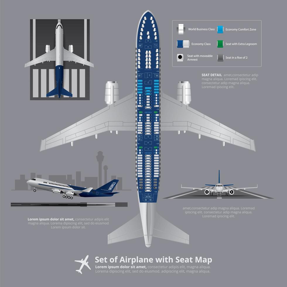 Conjunto de avión con mapa de asientos aislado ilustración vectorial vector