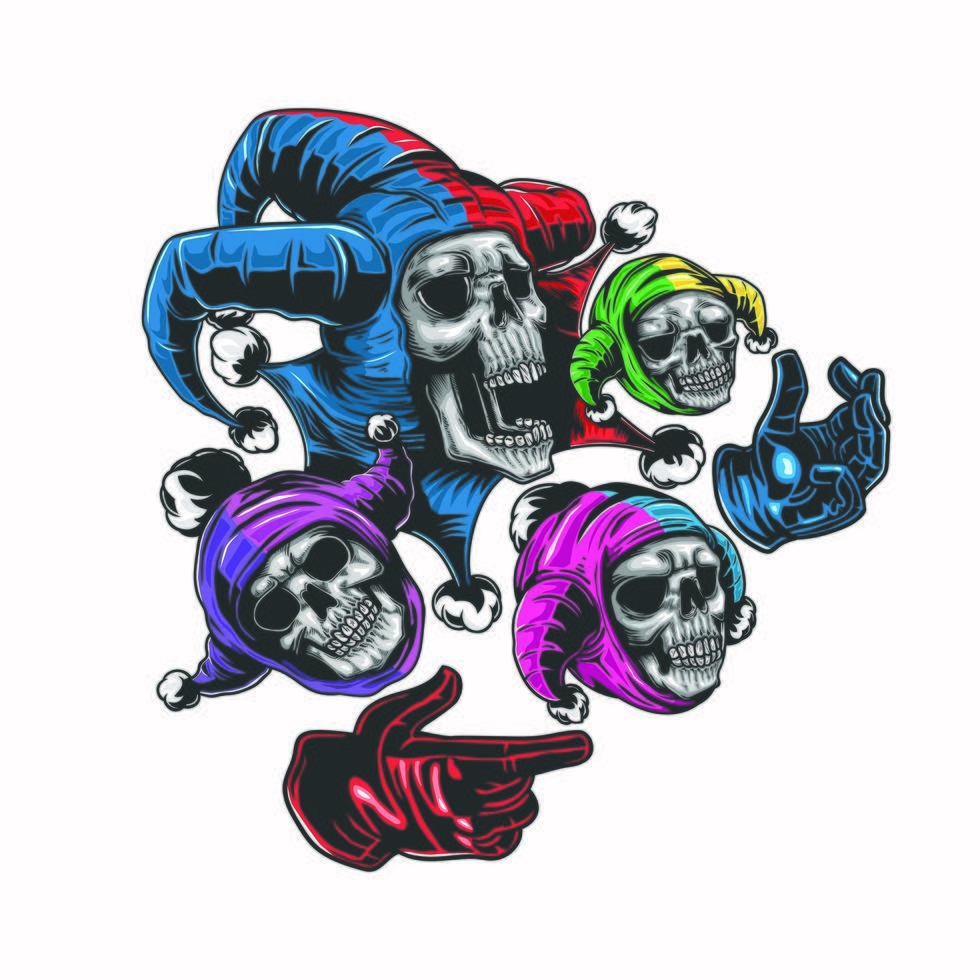 calavera joker con otros tres pequeños jokers vector