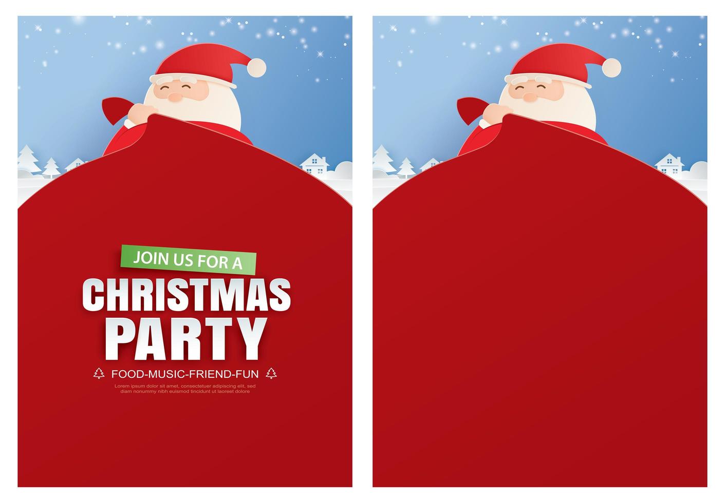 Santa Claus and a huge bag of gifts with Christmas party invitation card vector