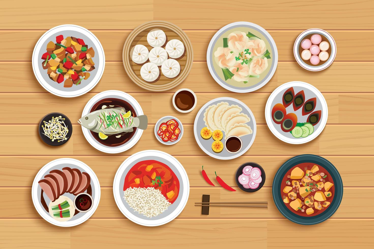 Chinese food on top view wooden background. vector