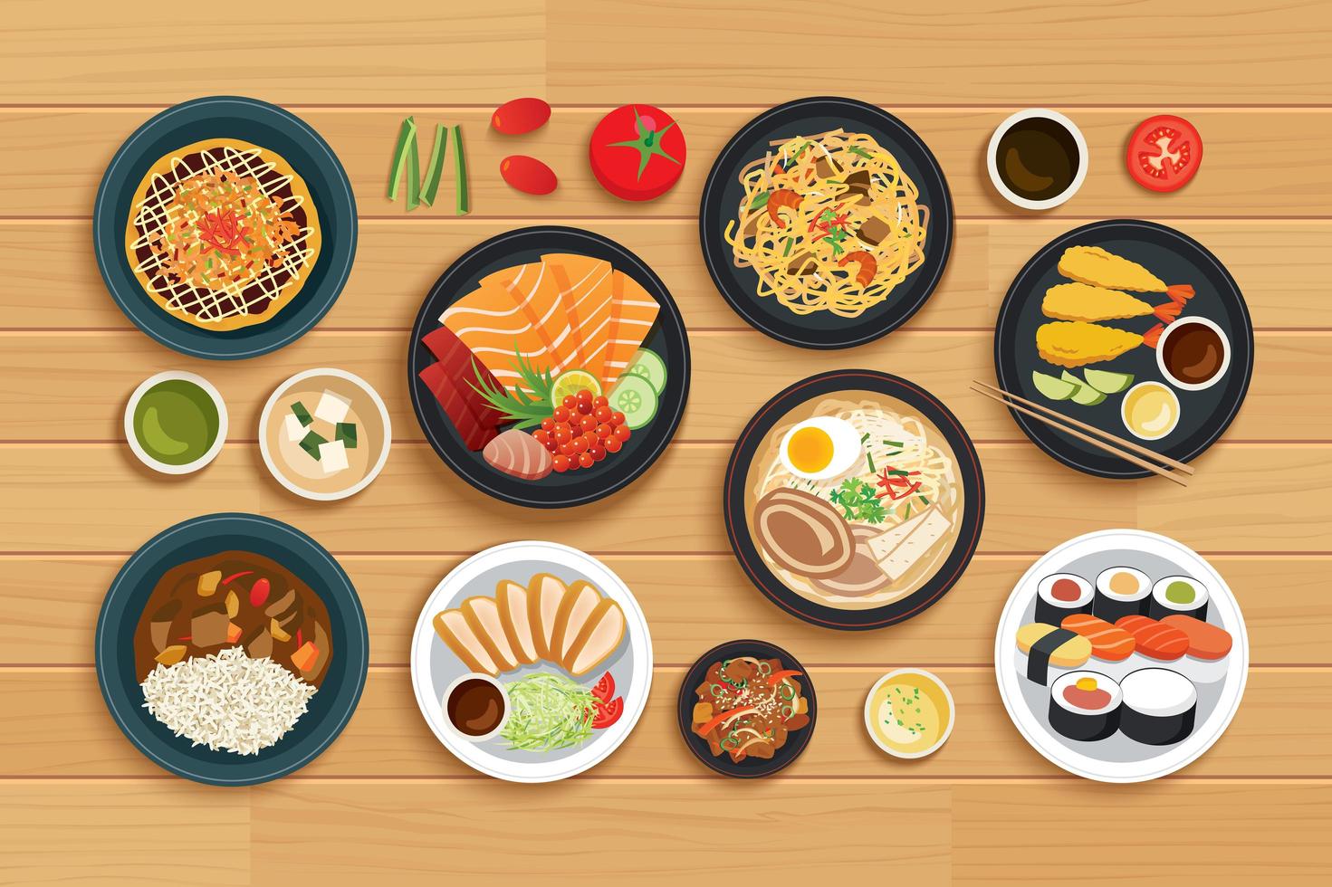 japanese food on top view wooden background. vector