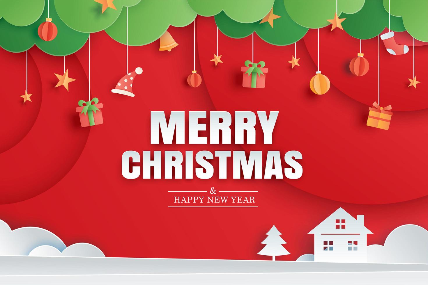 Merry christmas and happy new year red greeting card in paper art banner template. Use for poster, cover, flyer. vector