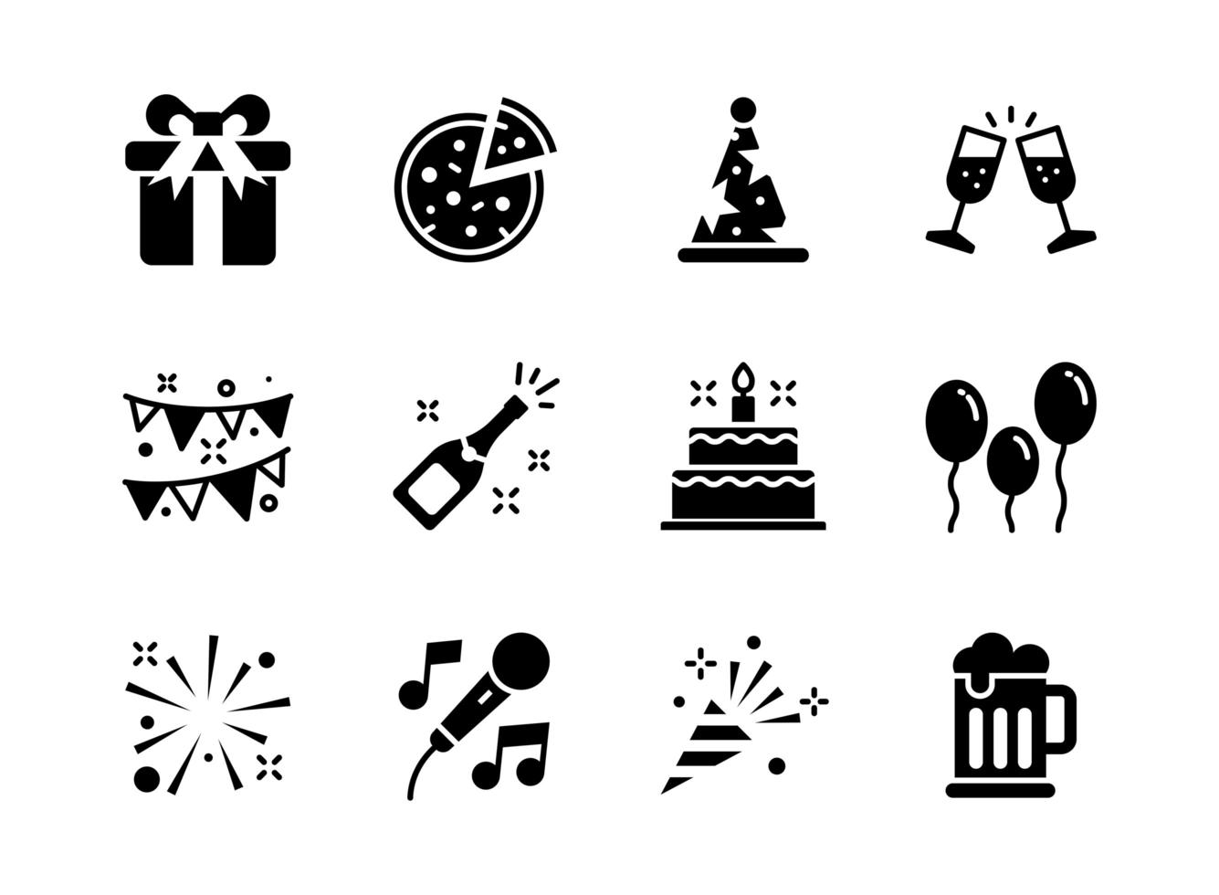 conjunto de iconos de fiesta estilo glifo. símbolos para sitio web, impresión, revista, aplicación y diseño. vector