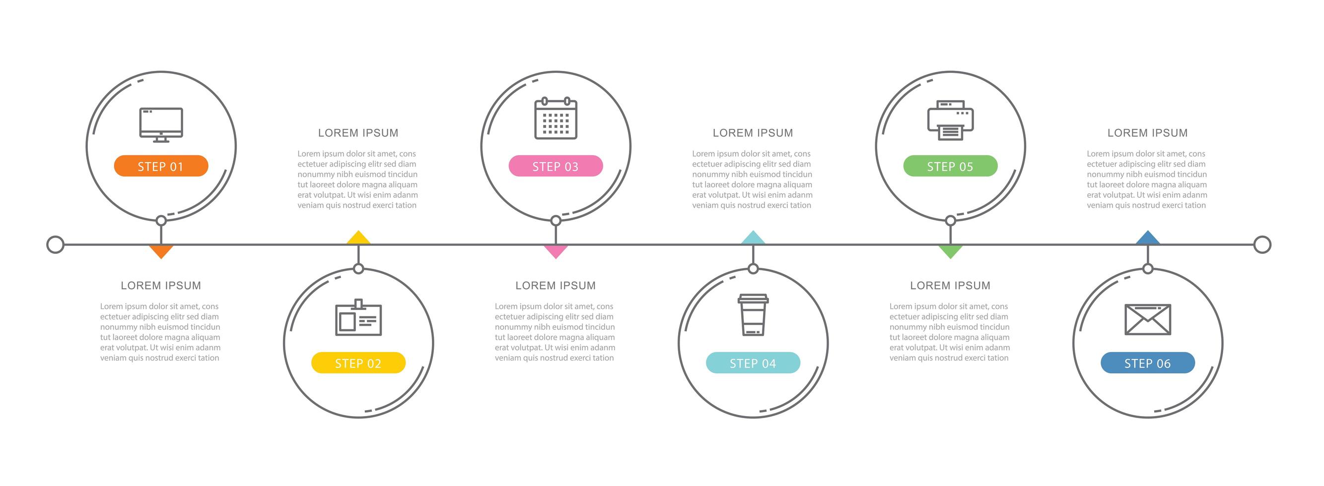 Plantilla de infografías de línea de tiempo de datos de 6 círculos con diseño de línea delgada vector