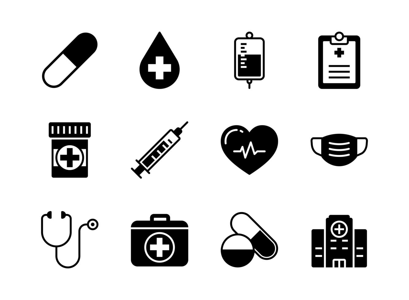 conjunto de iconos médicos y sanitarios estilo glifo vector