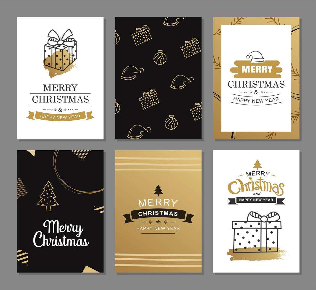 Feliz Navidad tarjetas de felicitación con plantillas de decoración de lujo de oro. conjunto de carteles de vacaciones, etiqueta, banner, diseño de postal. vector