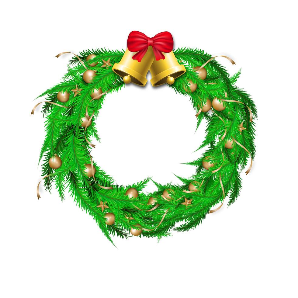 Christmas wreath decoration with green pine leaf trees and bells vector