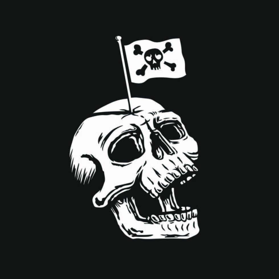 Skull head with pirate flag on the forehead vector