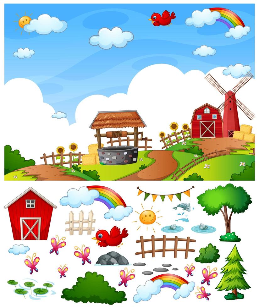 Farm scene with isolated cartoon character and objects vector