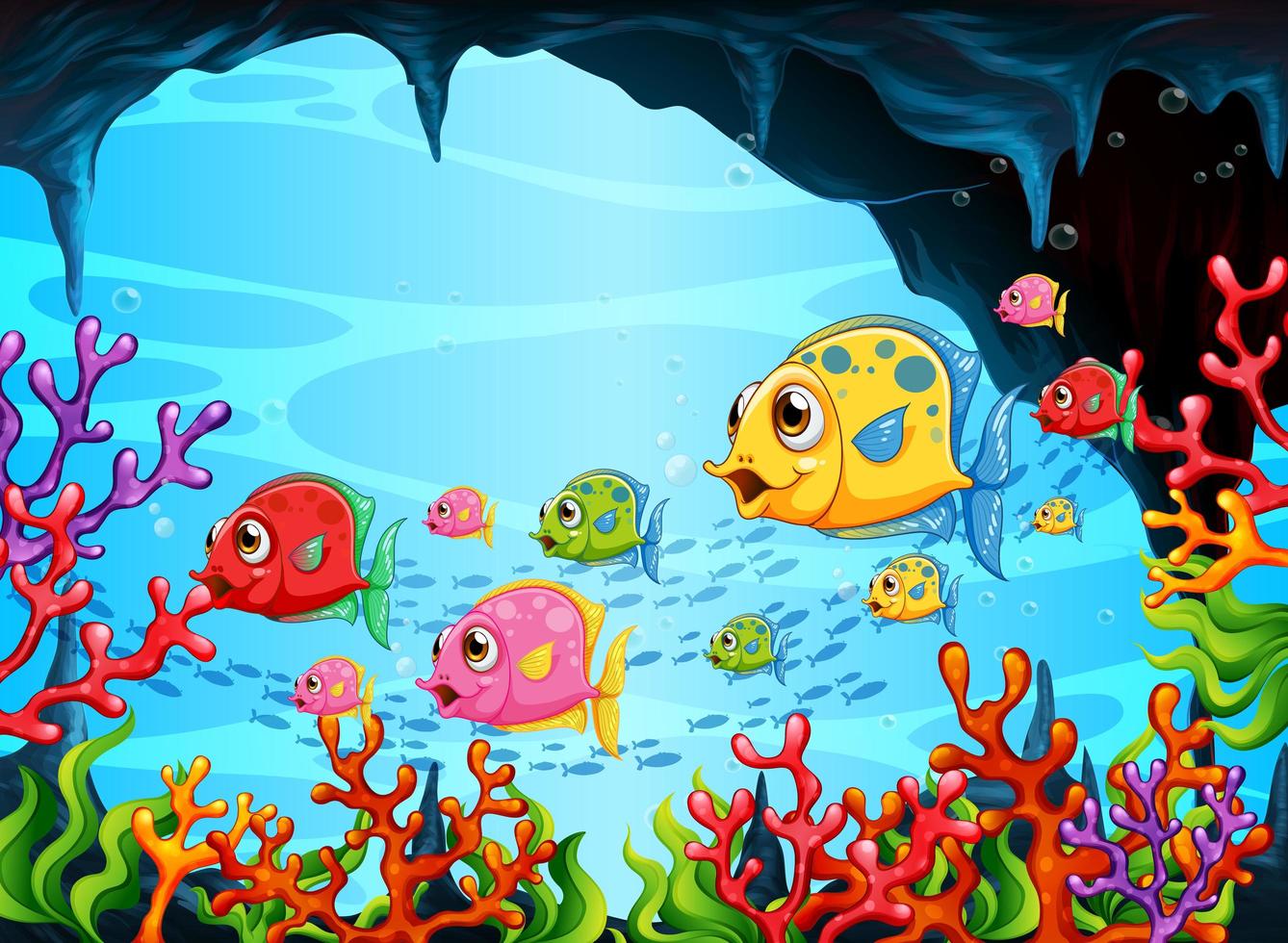 Many exotic fishes cartoon character in the underwater scene with corals vector