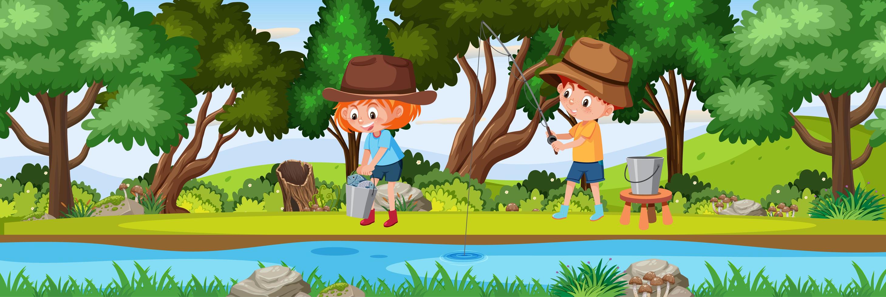 Children fishing in nature forest horizontal landscape scene at day time vector