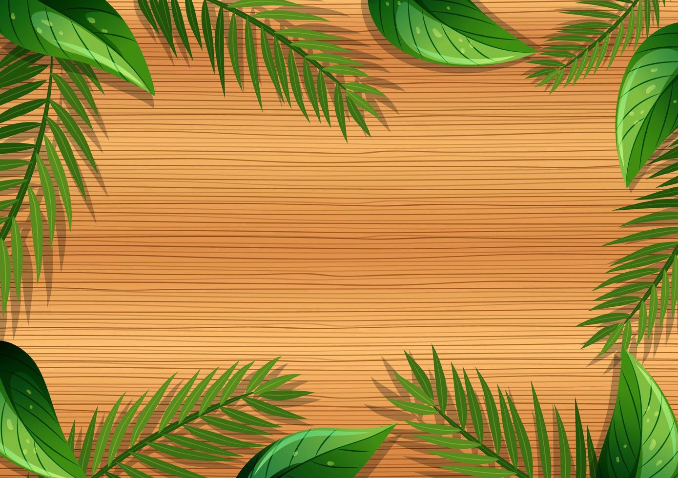 Top view of blank wooden table with leaves elements vector