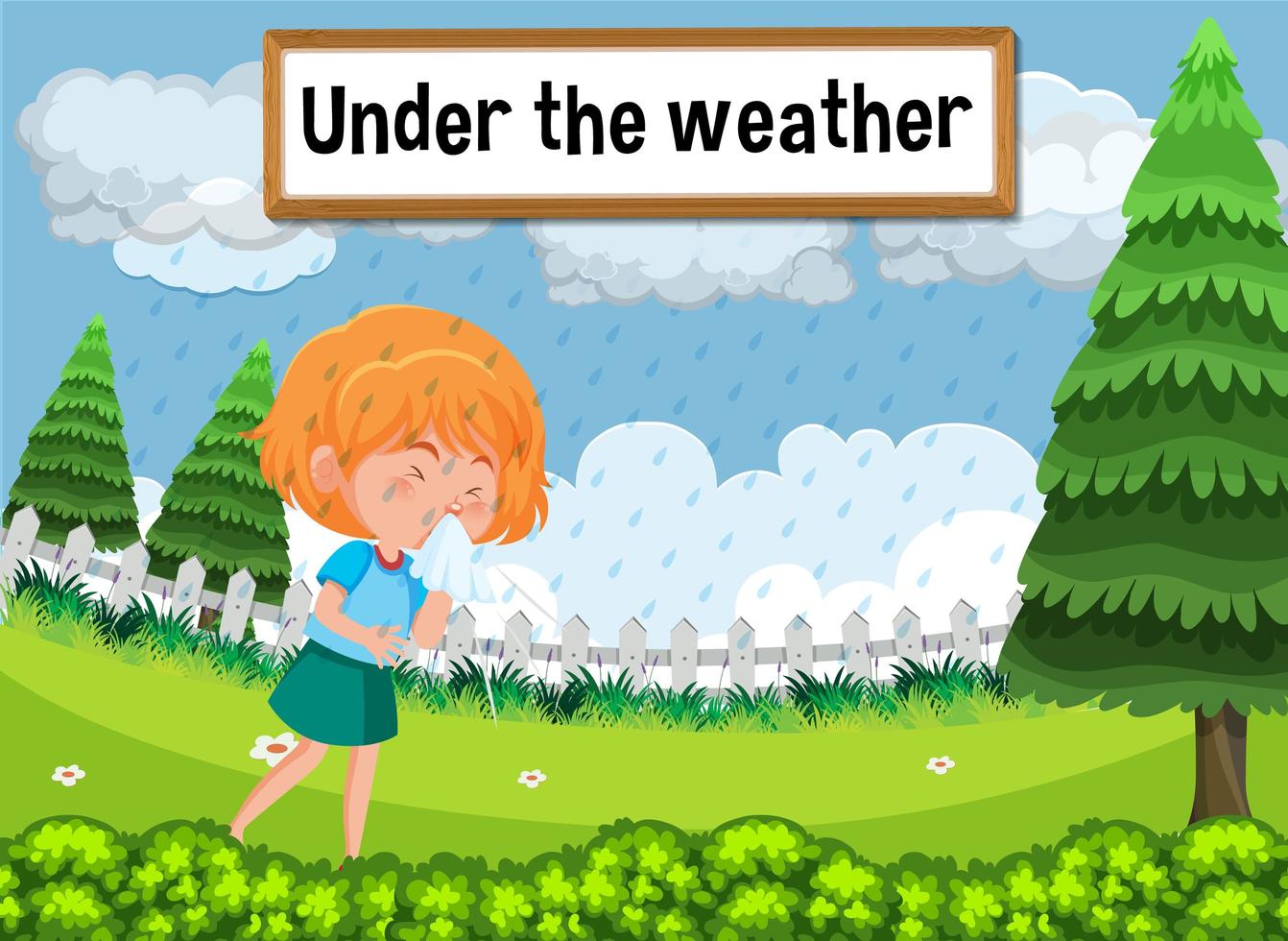 English idiom with picture description for under the weather vector