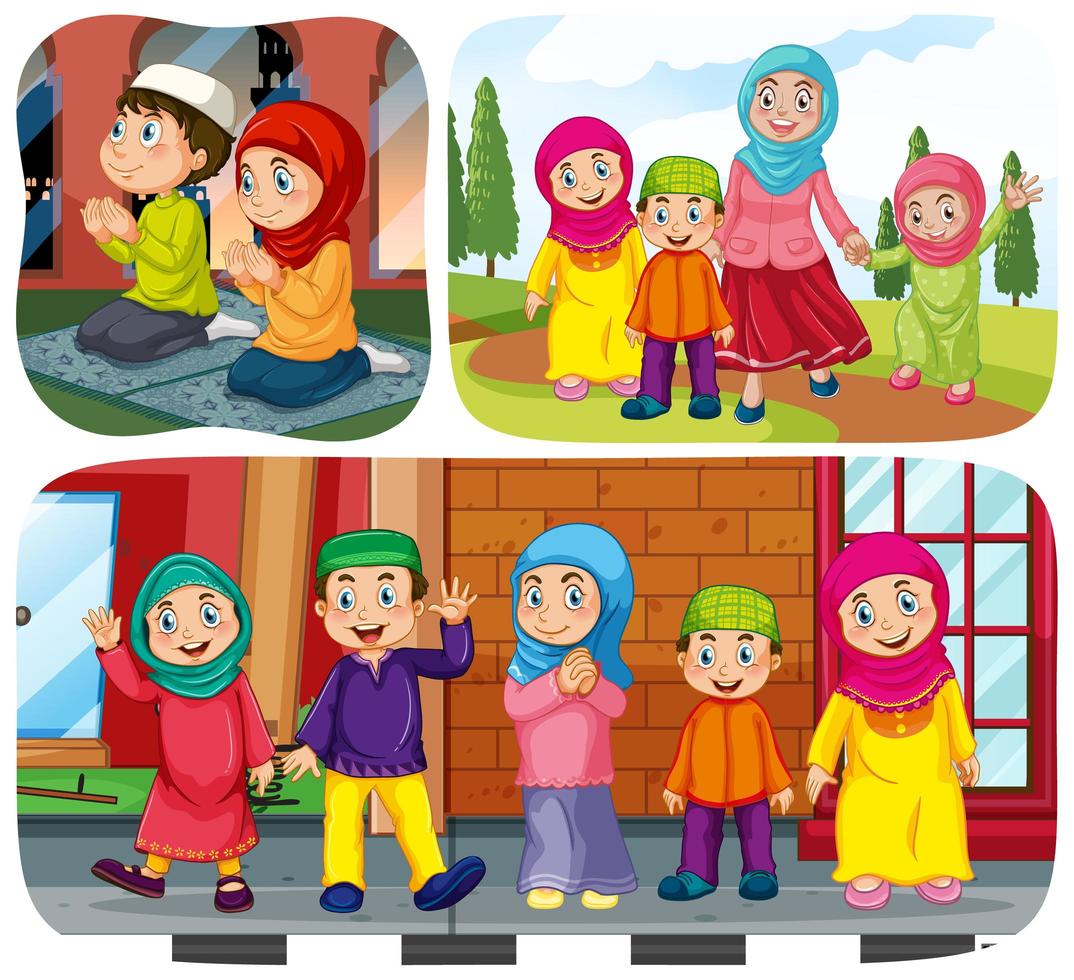 Set of muslim people cartoon character in different scene vector