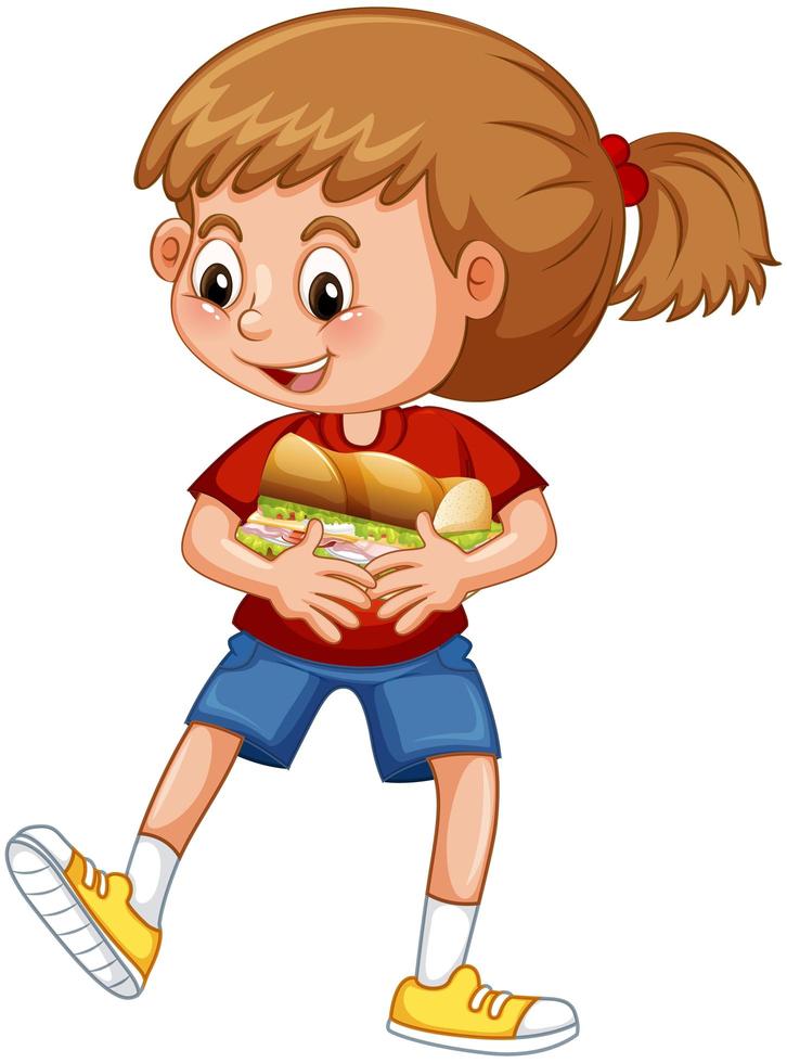 una niña sosteniendo un personaje de dibujos animados de alimentos aislado sobre fondo blanco vector