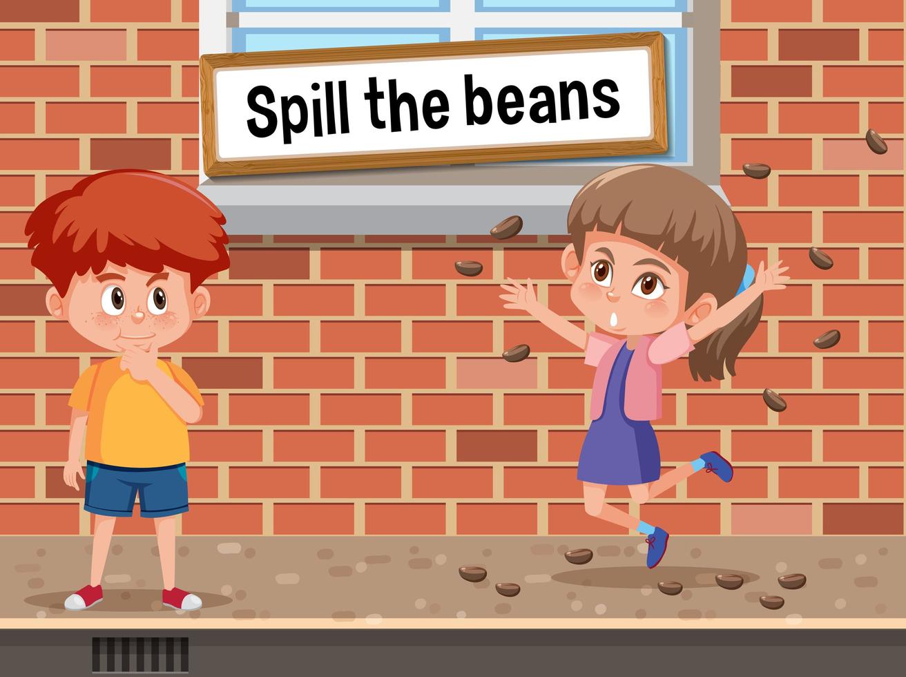 Modismo en inglés con descripción de imagen para spill the beans vector