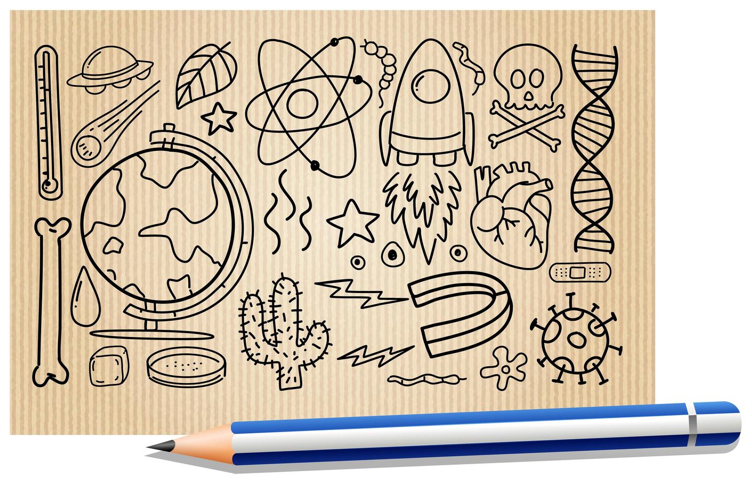 Diferentes trazos de garabatos sobre equipos científicos en un papel. vector