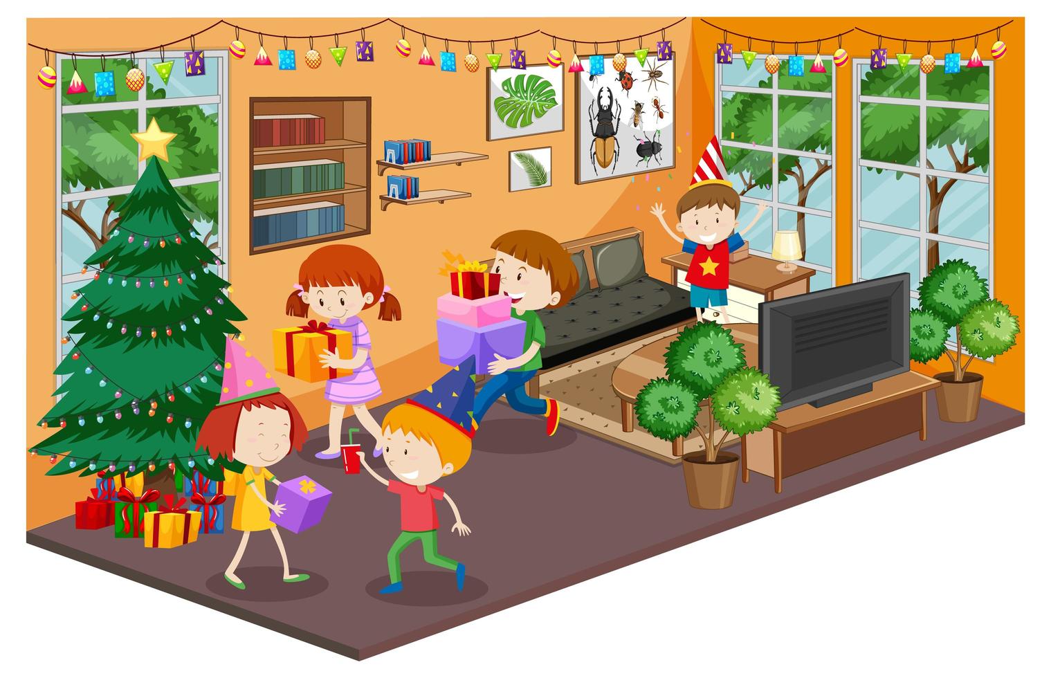 Niños en la sala de estar con muebles en tema de fiesta de Navidad. vector