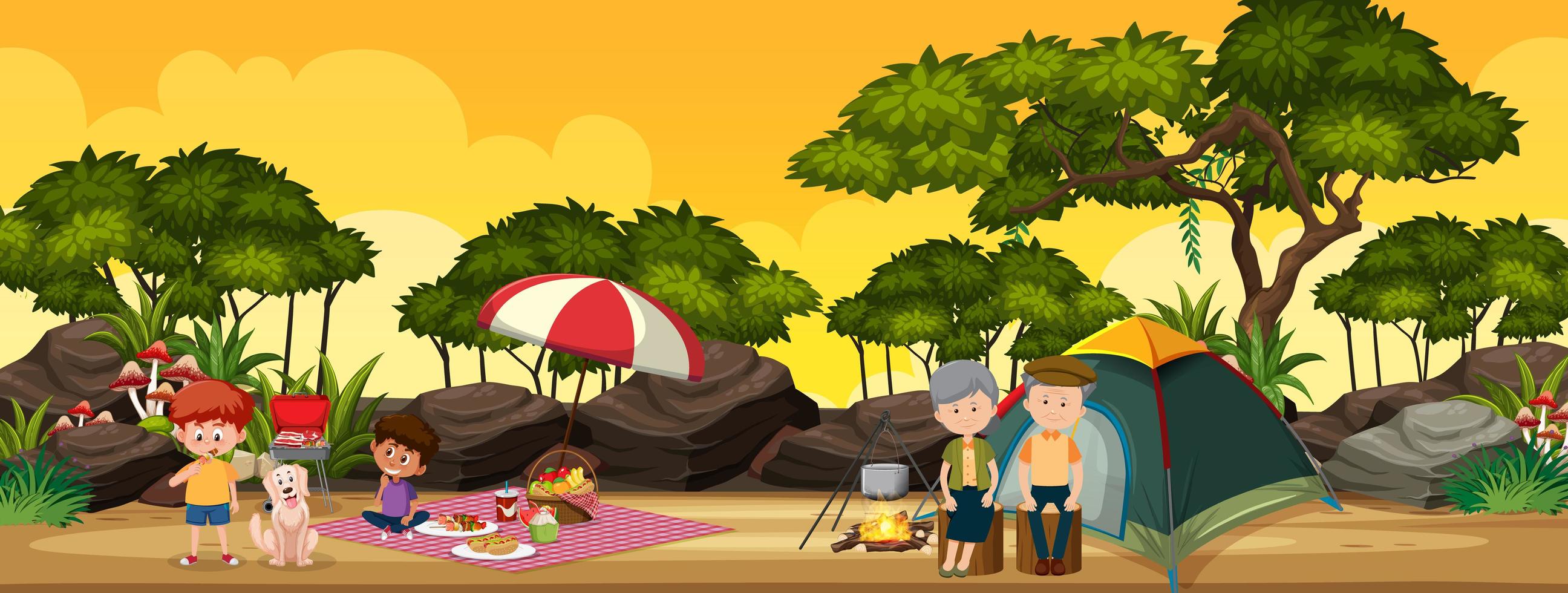 Family camping in the forest vector