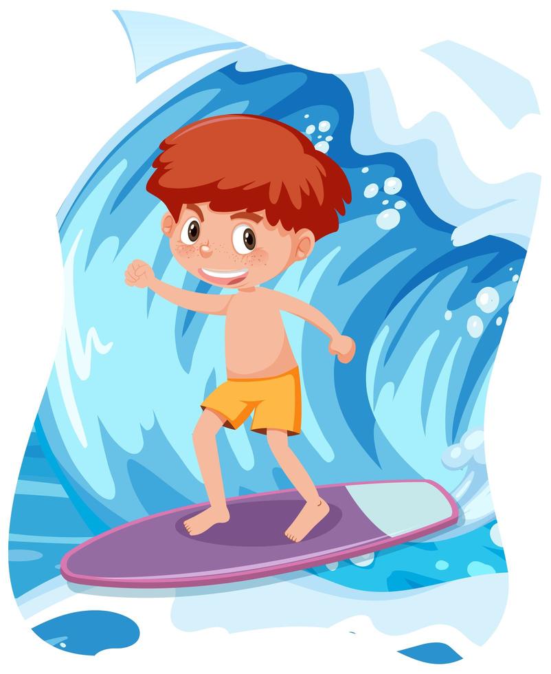 niño feliz surfeando olas grandes vector