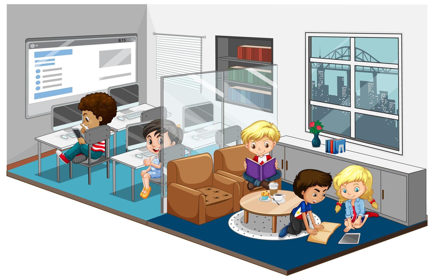 Children in classroom scene on white background vector