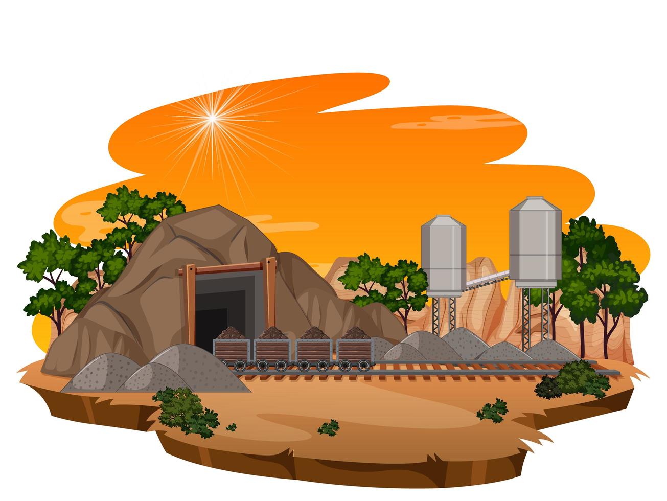Coal mining scene at sunset time vector