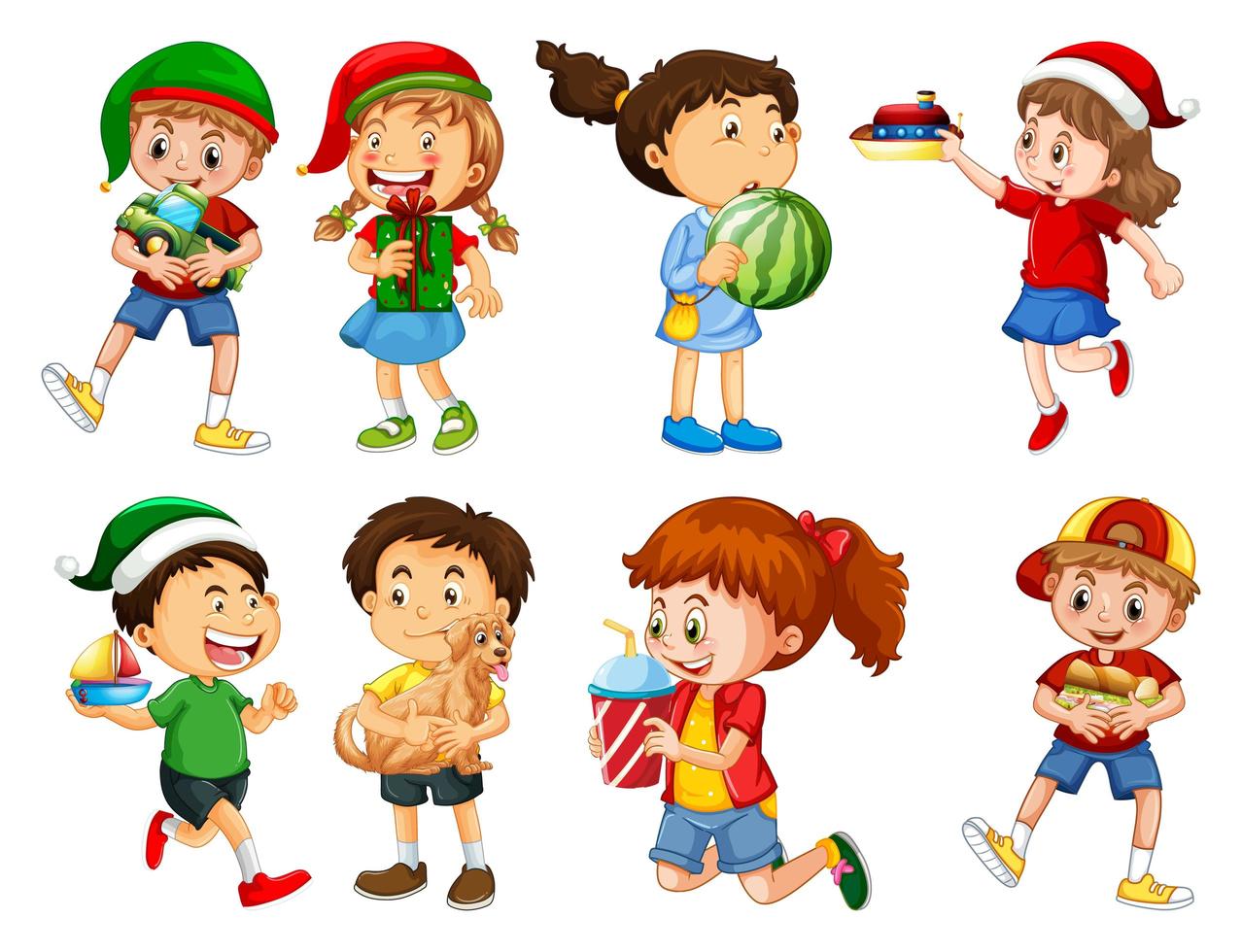 Conjunto de diferentes niños jugando con sus juguetes personaje de dibujos animados aislado sobre fondo blanco. vector