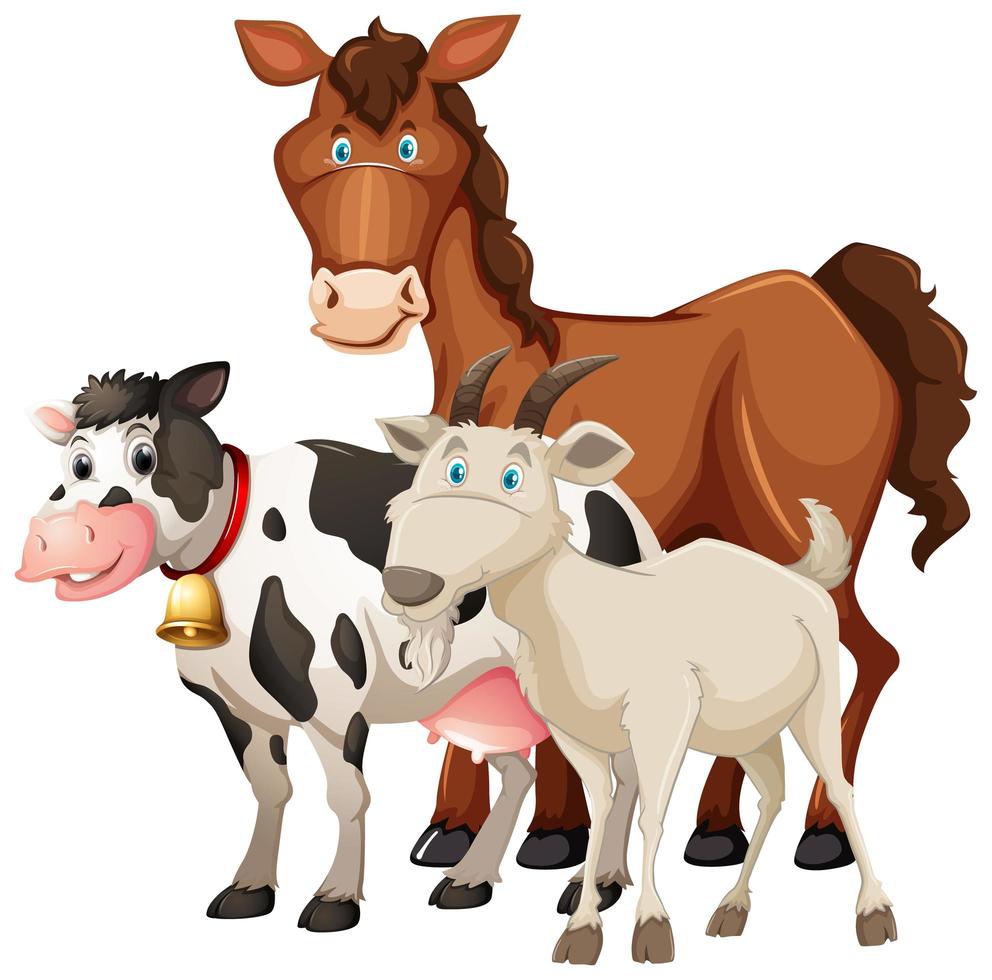 Group of farm animals horse, cow and sheep isolated on white background