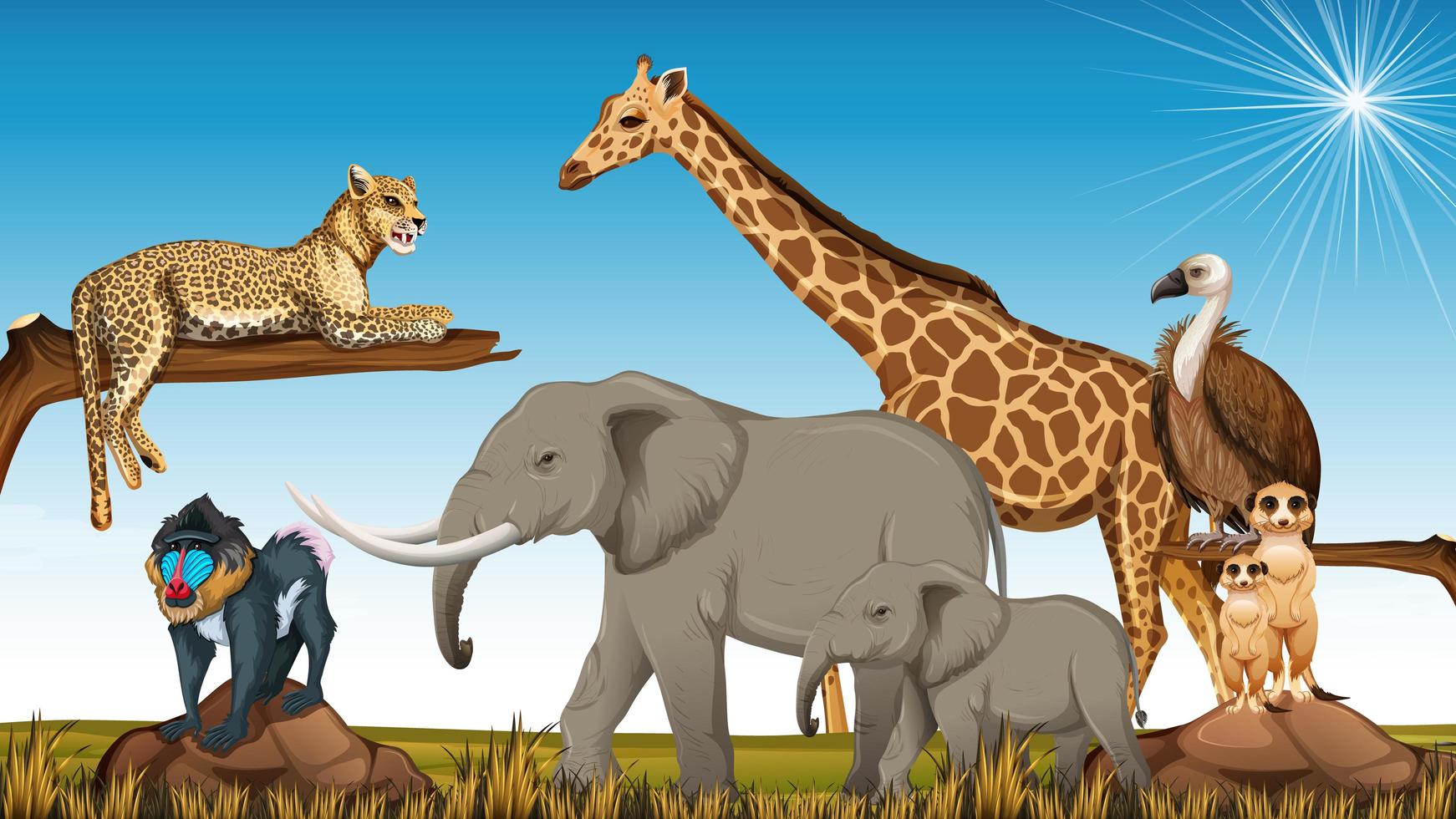 Group of wild african animals outdoors vector