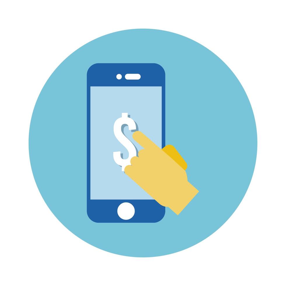 hand touching smartphone with dollar symbol block style vector