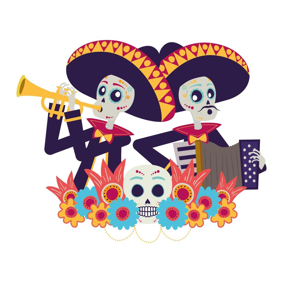 calaveras de mariachis mexicanos tocando trompeta y acordeón vector