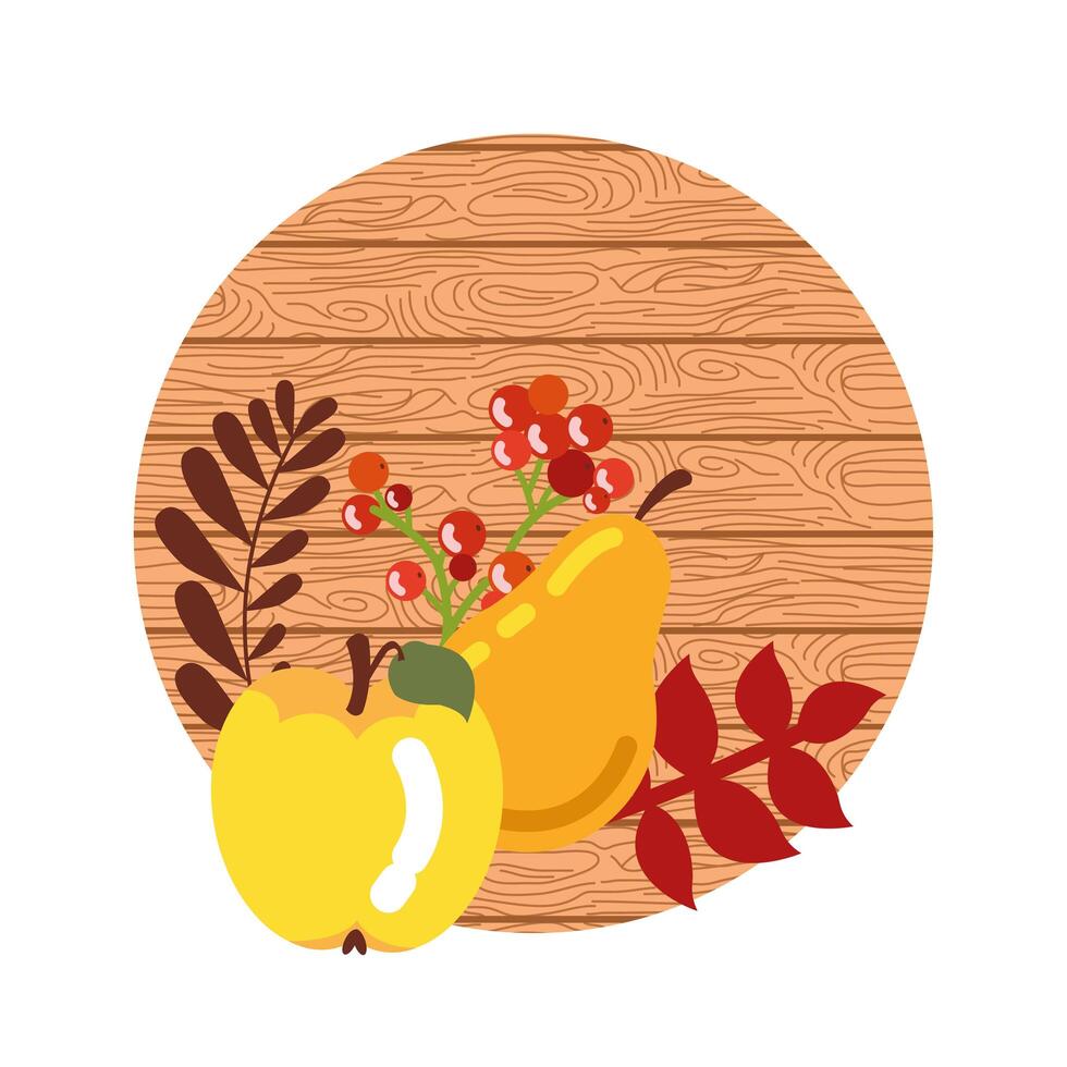 fruta de otoño con fondo de madera vector