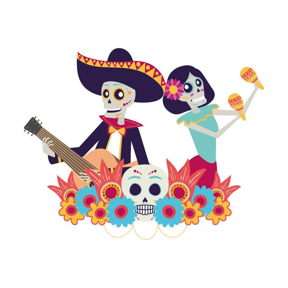 catrina y calaveras de mariachi tocando maracas y guitarra vector