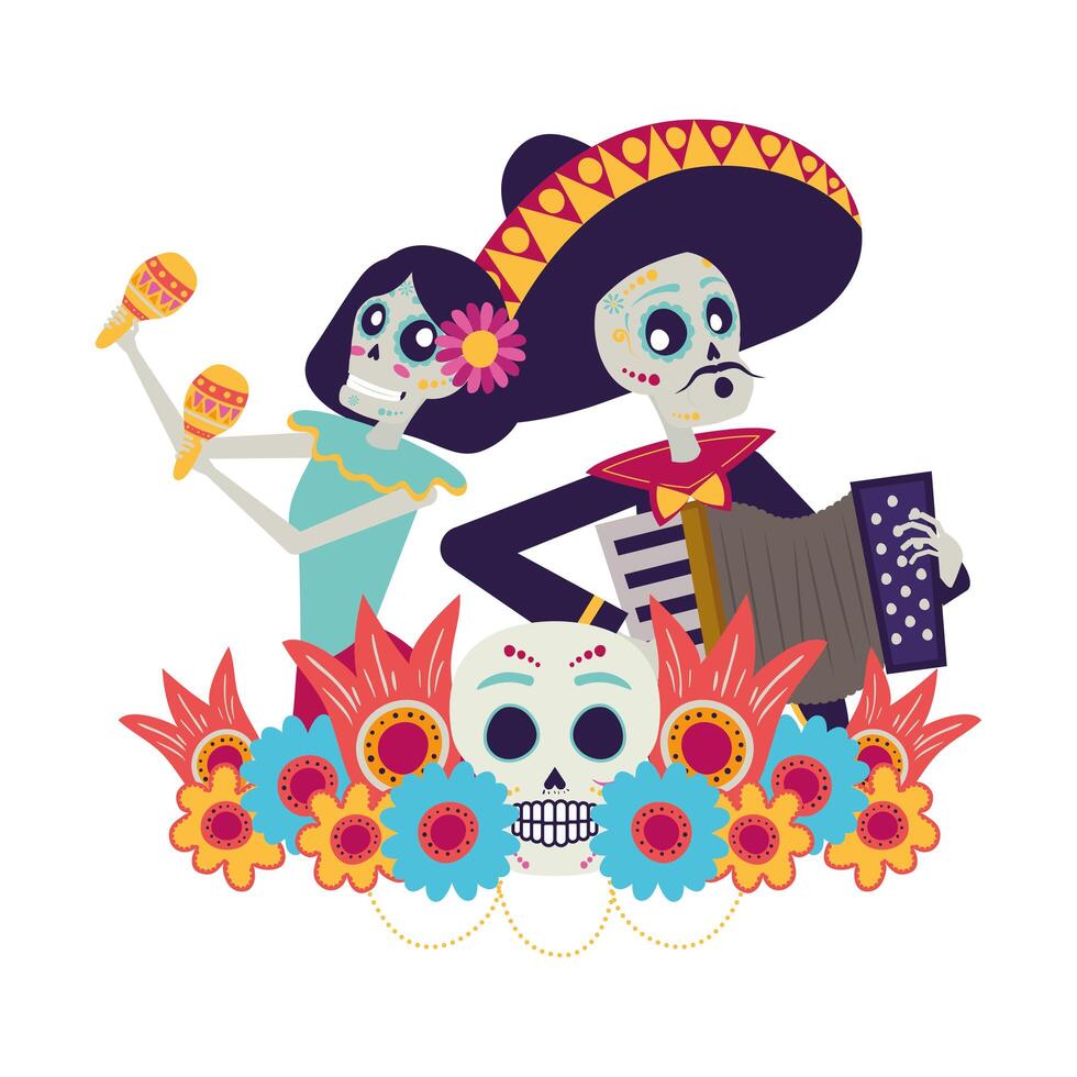 catrina y mariachi tocando acordeón pareja personajes vector