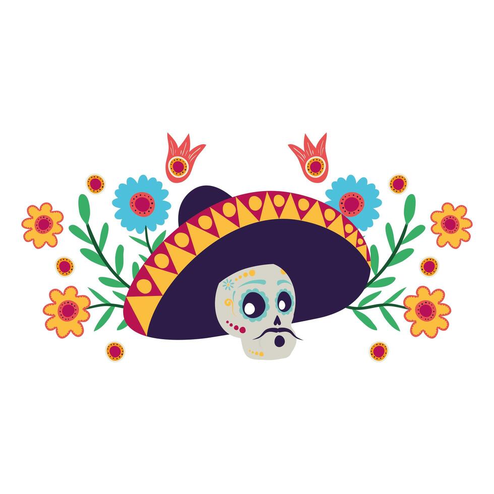 calavera mariachi con flores personaje cómico vector