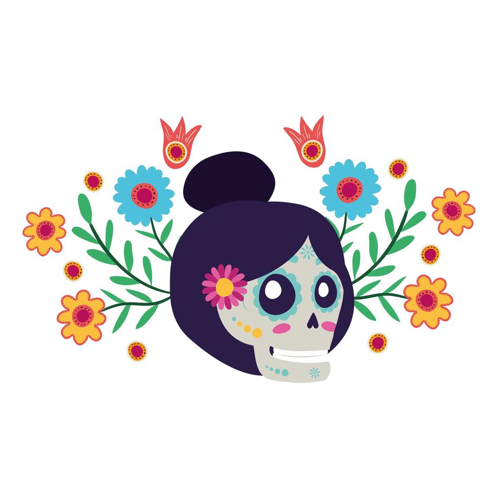 Cráneo de catrina con decoración floral personaje cómico vector