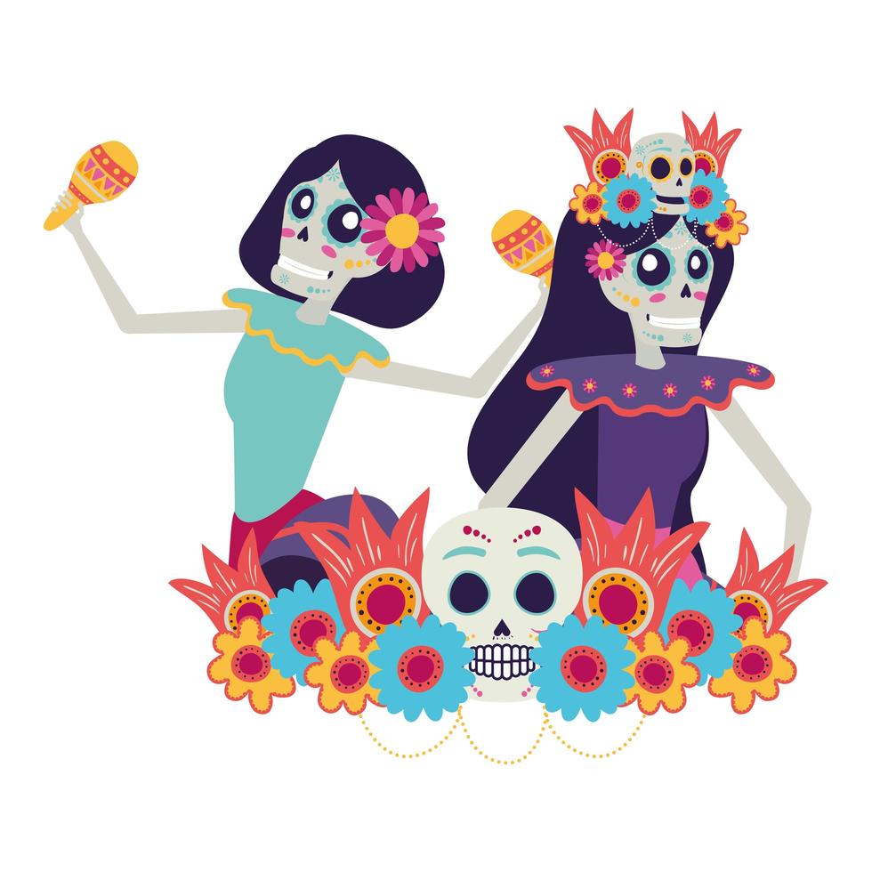 Catrina mexicana calaveras jugando maracas personajes cómicos, diseño de ilustraciones vectoriales vector