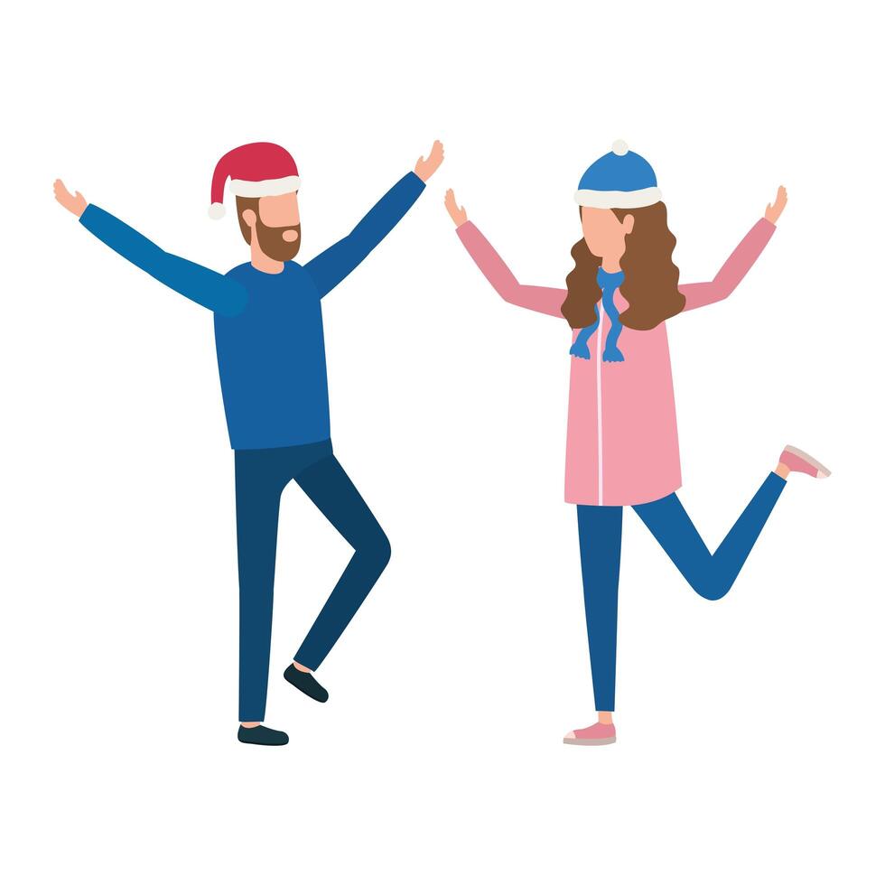 young lovers couple with christmas hat characters vector