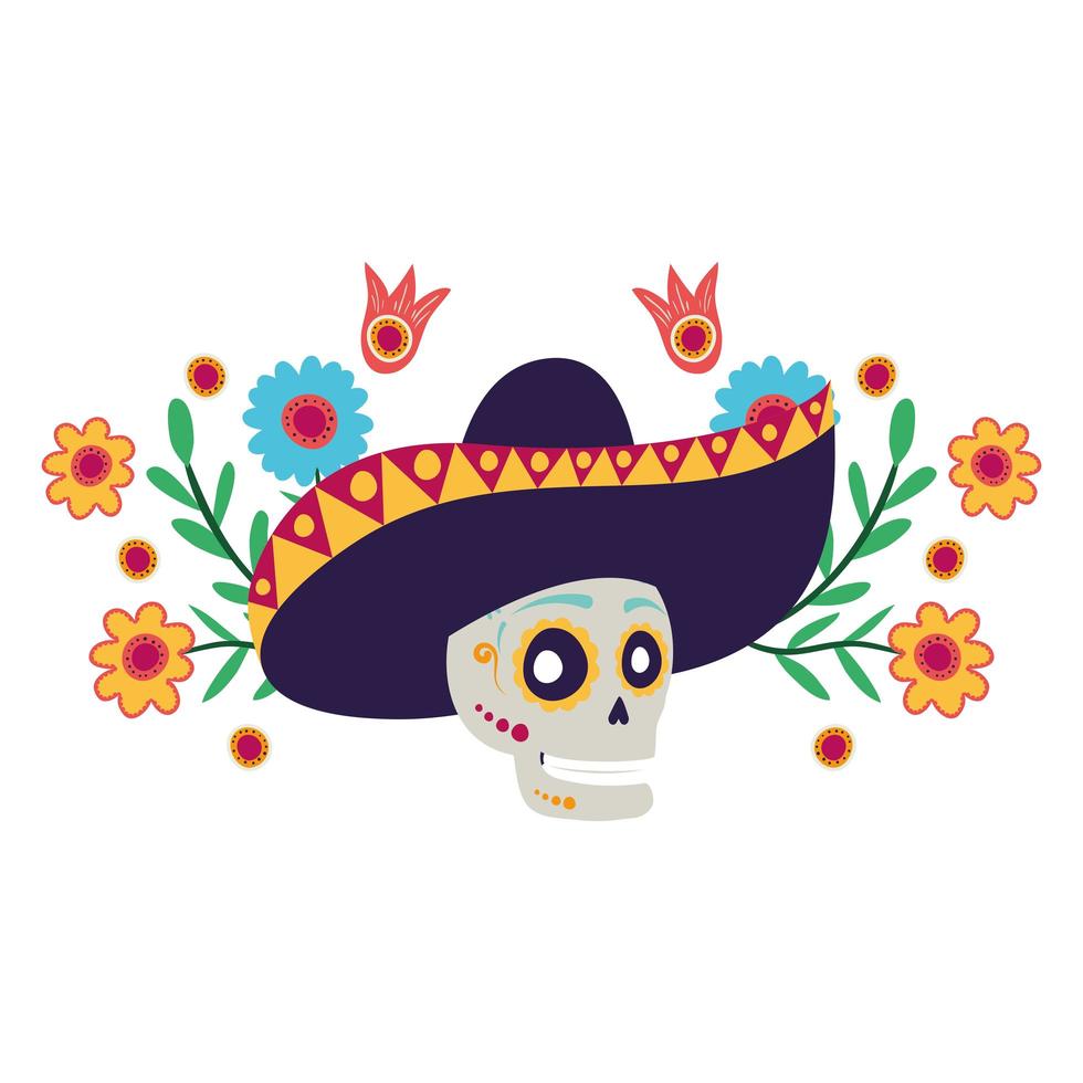 calavera mariachi con flores personaje cómico vector