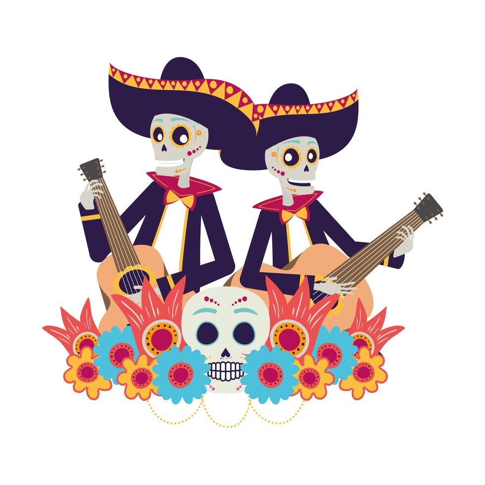 mariachis mexicanos calaveras tocando guitarras personajes vector