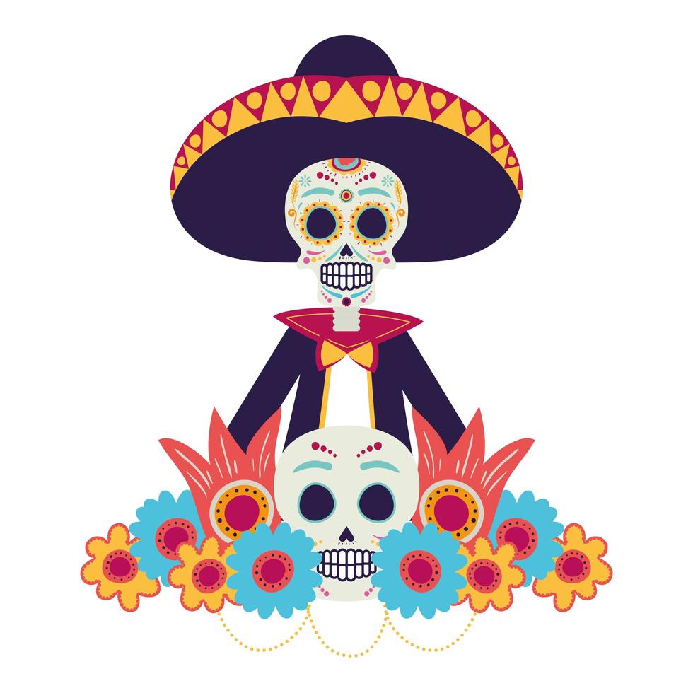 calavera mariachi con flores personaje cómico vector