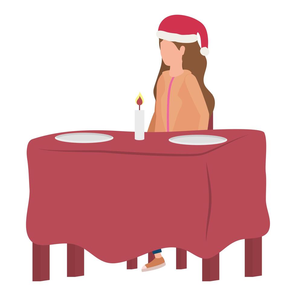 Mujer joven con gorro de navidad sentado en la mesa de la cena vector