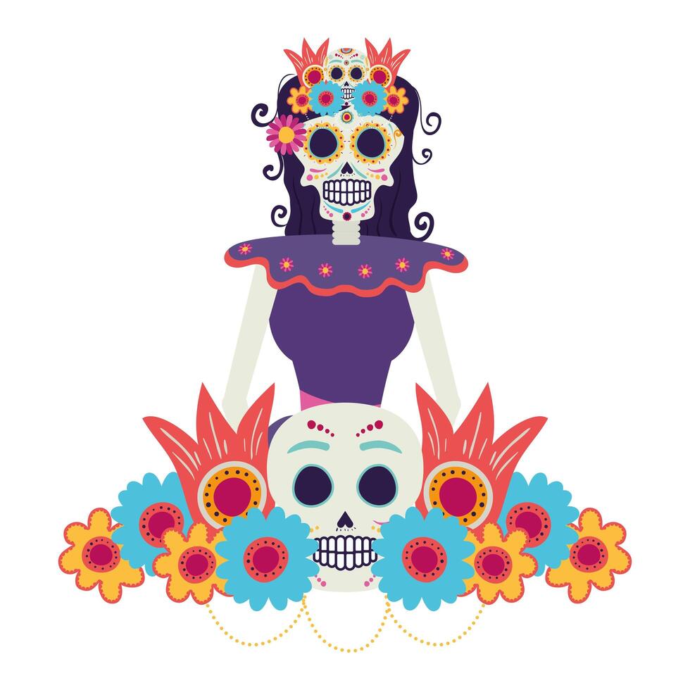 Cráneo de catrina con decoración floral personaje cómico vector