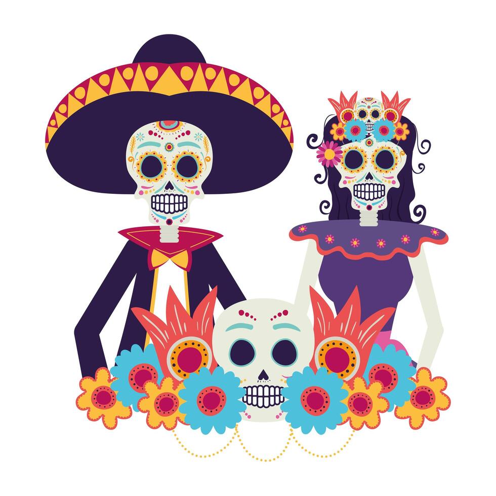 personajes de pareja de mariachis y catrina vector