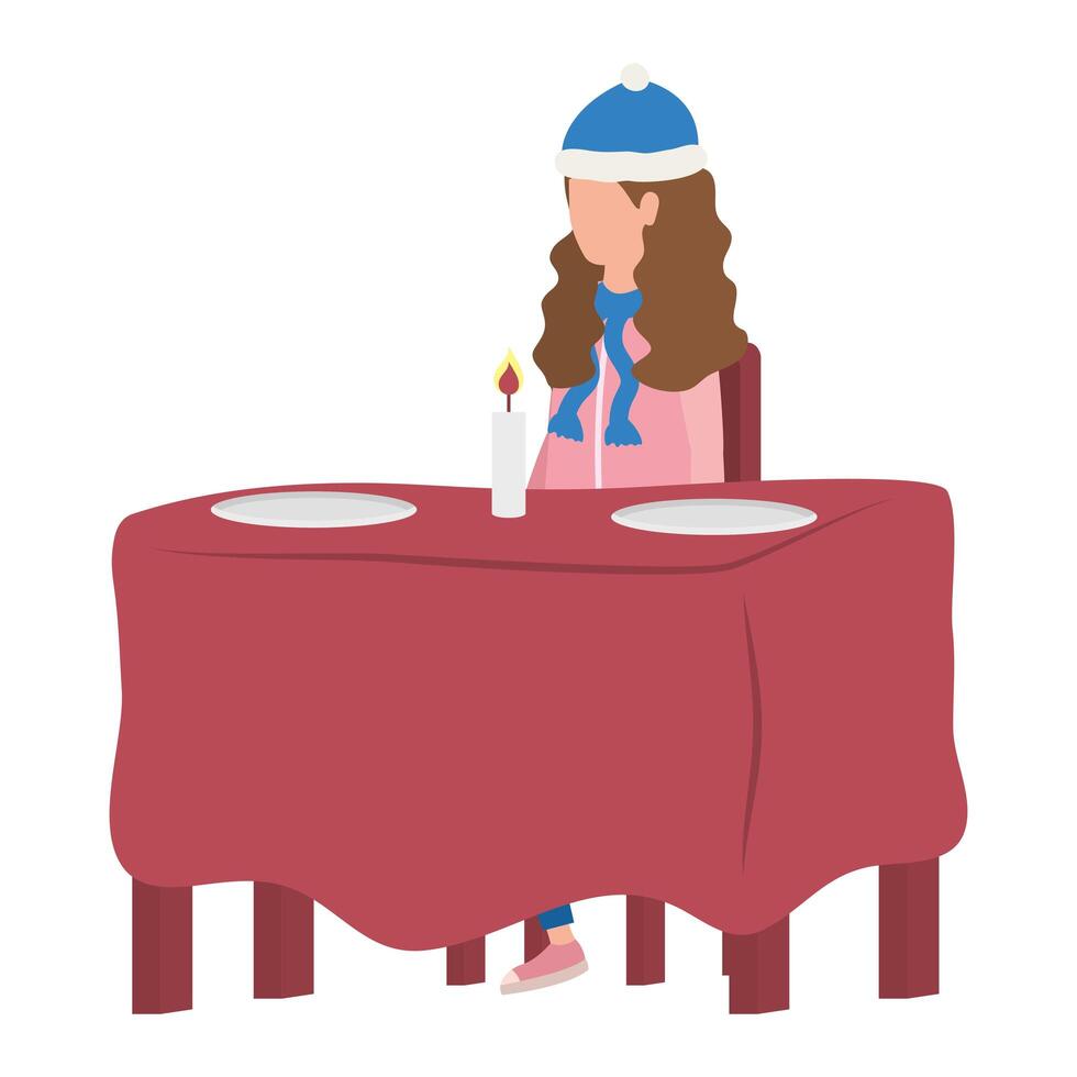 young woman with christmas hat seated at dinner table vector