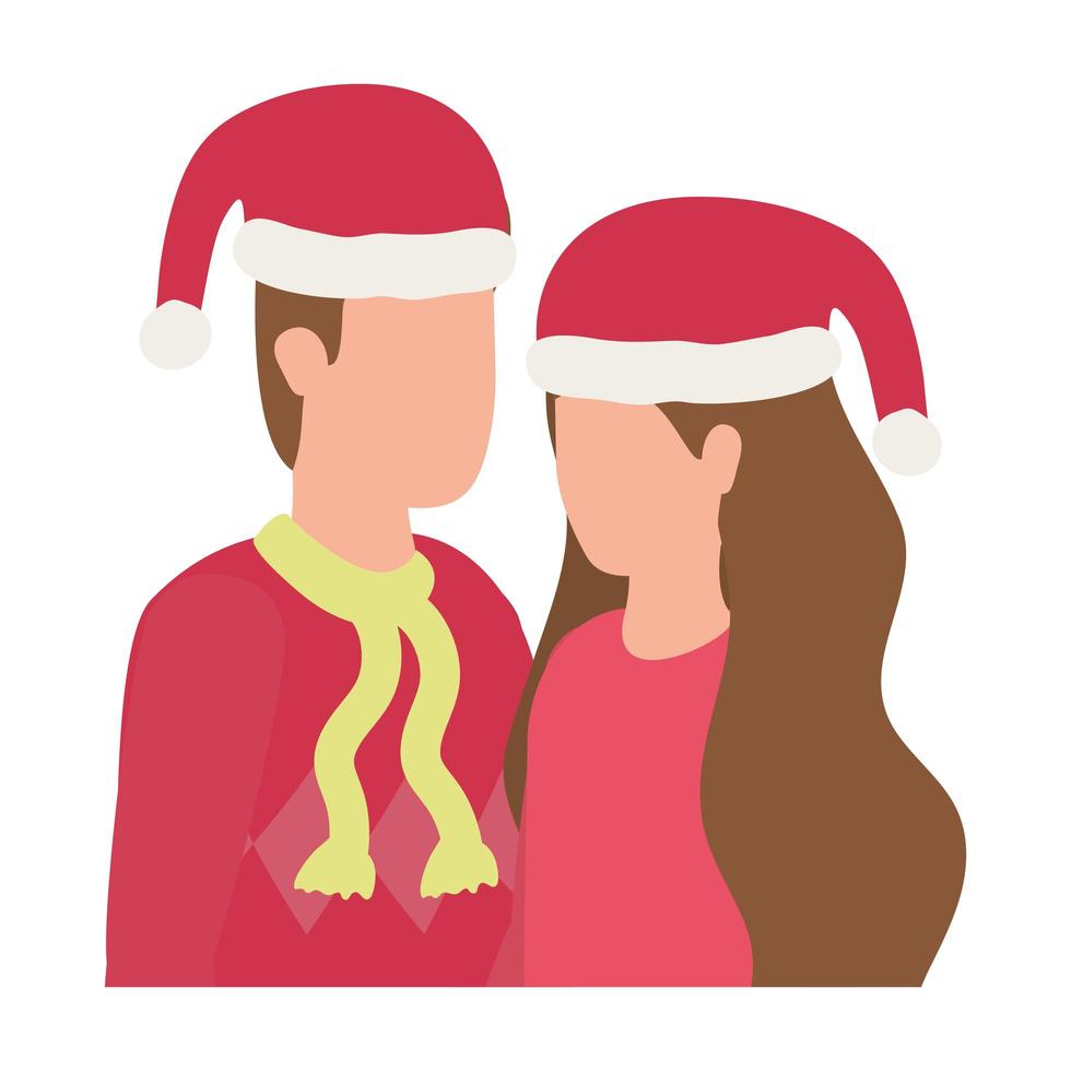 young lovers couple with christmas hat characters vector